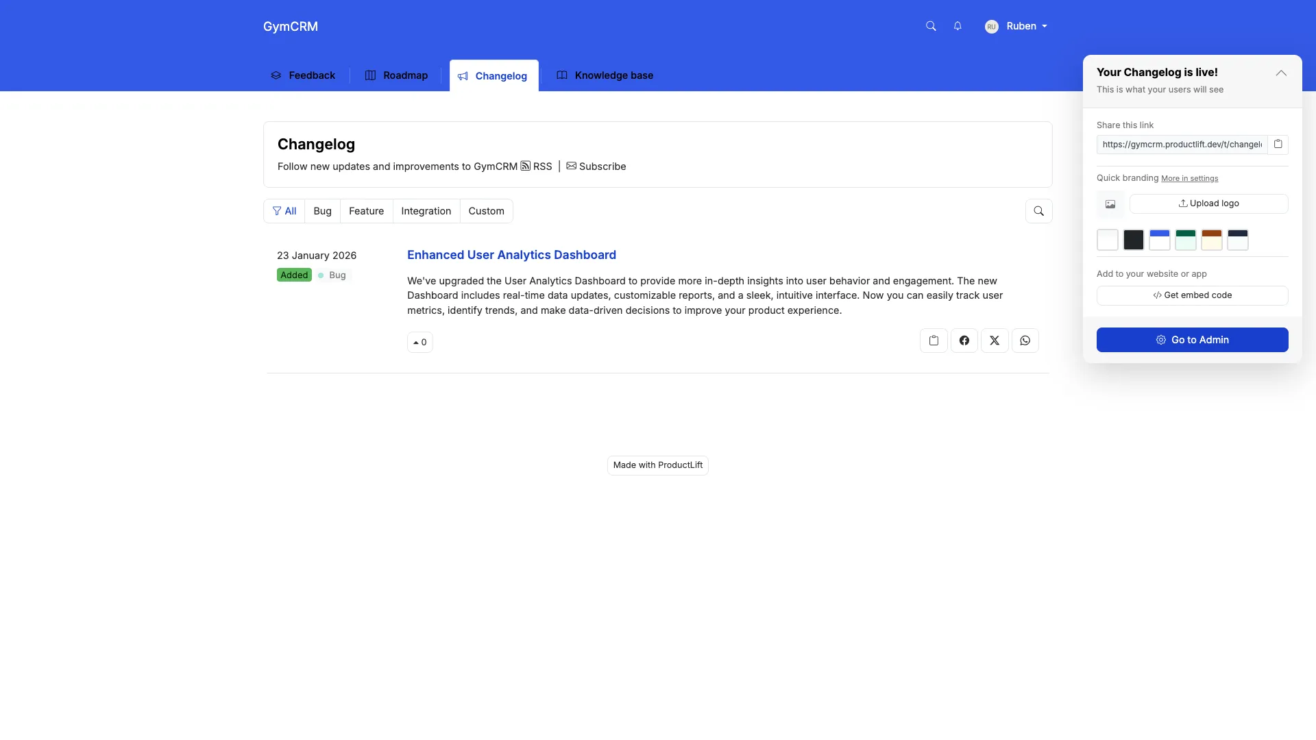 ProductLift changelog