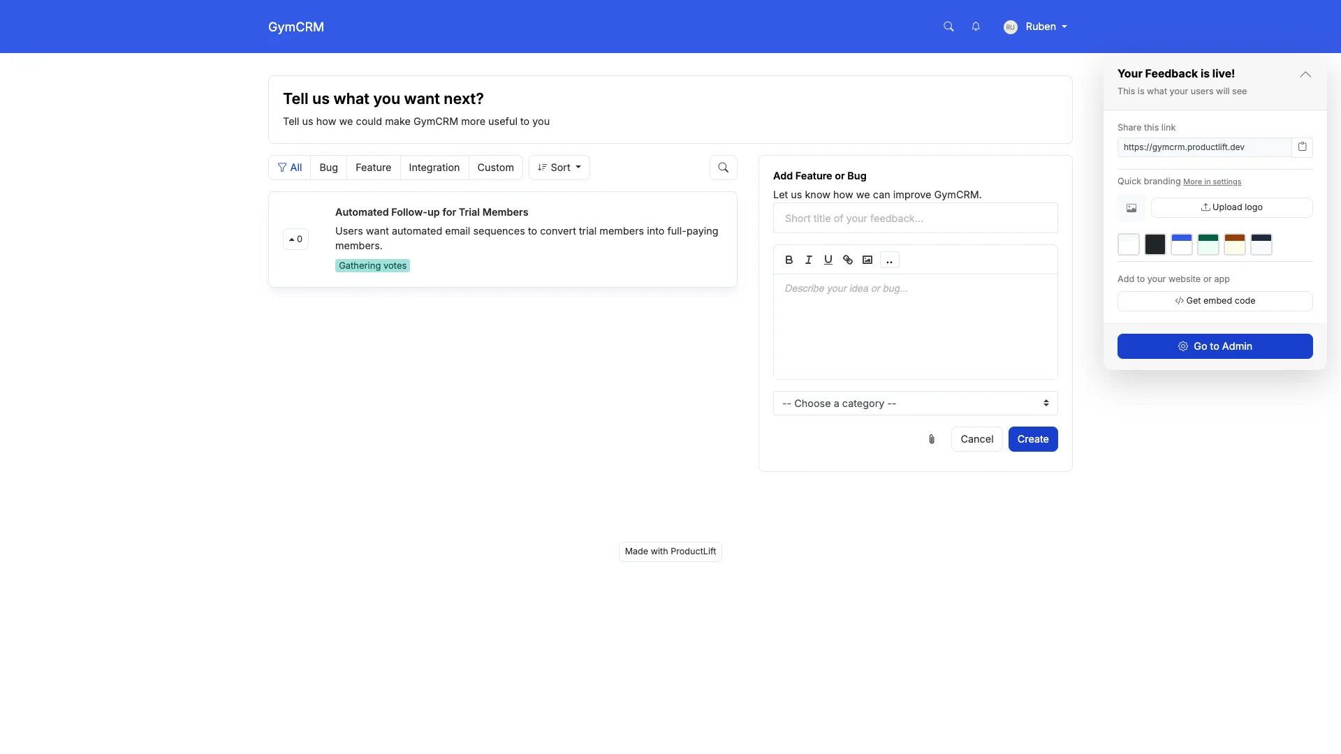 ProductLift feedback board