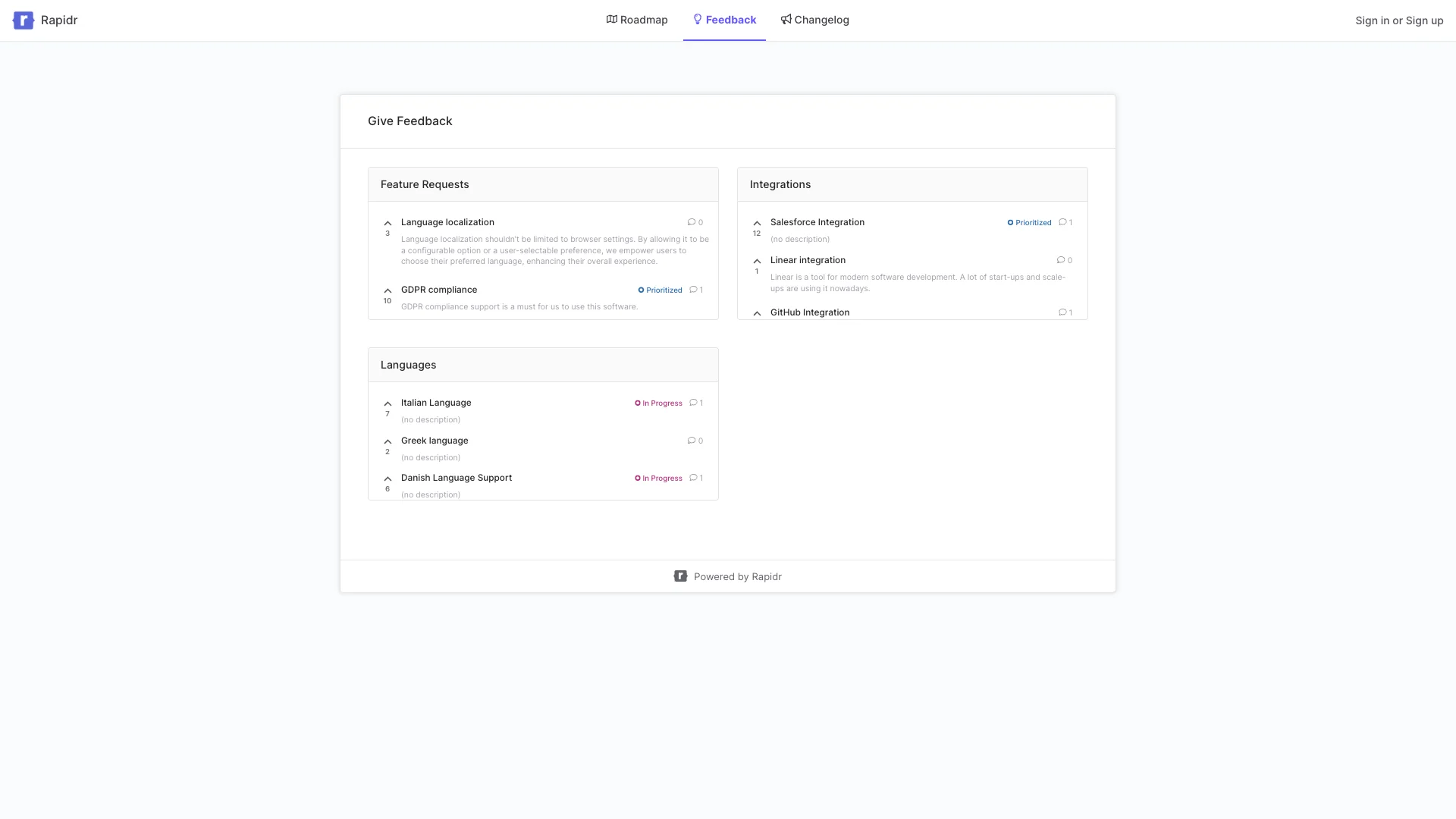 Rapidr feedback board screenshot